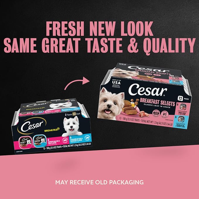 Cesar Classic Loaf Wet Dog Food, Breakfast Selects, 3.5 oz, 12 Count, 2-pk | Made in USA, Bacon & Egg & Egg & Sausage flavors, real pork #1 ingredient, no fillers or artificial flavors, easy peel trays