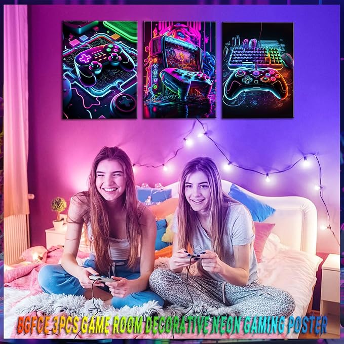 BGFCE Game Room Decor Posters Set of 3 - Neon Gaming Accessories Theme Canvas Wall Art, Gamer Console Paintings Picture Wall Decor for Children Youth Boys Bedroom 12x16 inch Framed