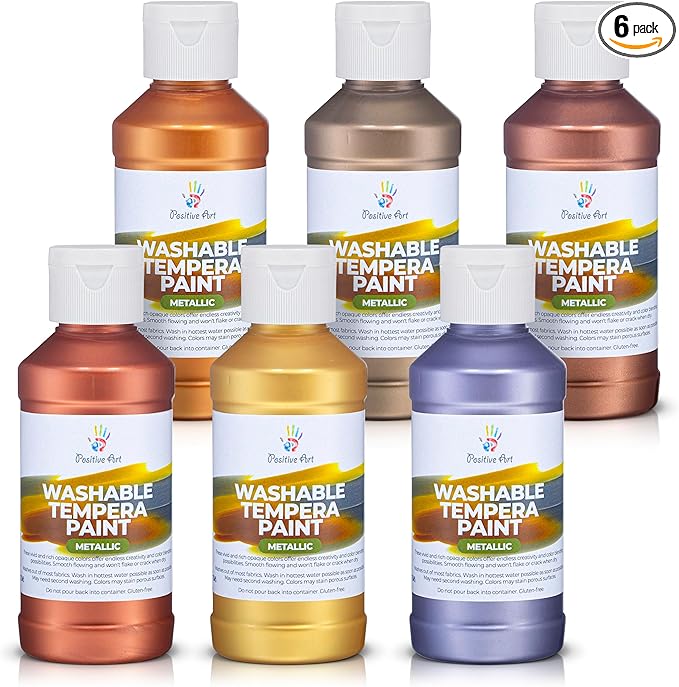 Metallic Washable Tempera Paint – 6 Shimmer Colors, 4 fl oz Bottles, Non-Toxic Kid-Safe School & Craft Paint, Easy Cleanup, Classroom Art Supplies, Made in USA