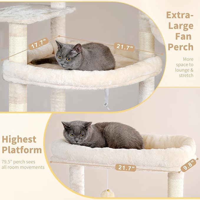 Heybly Tall Cat Tree for Large Cat, 80-inch Multi-Level Cat Tower HCT038M | Condo Furniture for Indoor Cats with Large Baseboard, 2 Widened Plush Perches, Scratching Board, Big Caves, Beige