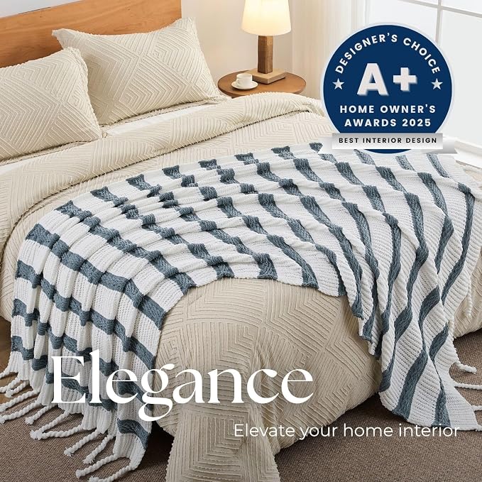 Boho Knitted Chenille Blanket with Tassels - Lightweight & Soft All-Season Throw - 3D Classic Pattern for Living Room Bedroom Couch, Celestial Blue(Striped), King 90"x108"