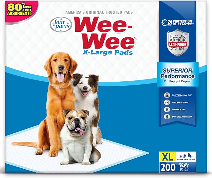 Four Paws Wee-Wee Superior Performance X-Large Dog Pee Pads, 200 Count | Puppy & dog potty training pads, housebreaking supplies, xl puppy pads, pet supplies, 24-hour floor protection, 28" x 34"