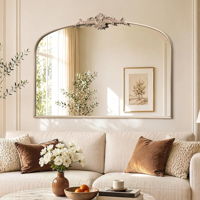 Besdomus Antique Arch Gold Mirror: 55"x36" Extra Large Champagne Decorative | Vintage Baroque Ornate Metal Framed Mirror for Home Renovation Decor - Ideal for Double Vanity/Entryway/Fireplace/Living Room