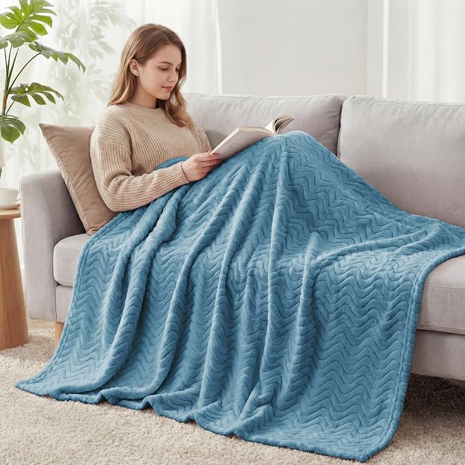 Exclusivo Mezcla Soft Fleece Throw Blanket for Couch, Cozy Lightweight Blankets with Decorative Wave Textured Suitable for All Season Use, Slate Blue, 50x70 Inches | 50"x70" Soft Breathable Lightweight Flannel Throws for Summer, Plush Cozy Jacquard Wav...