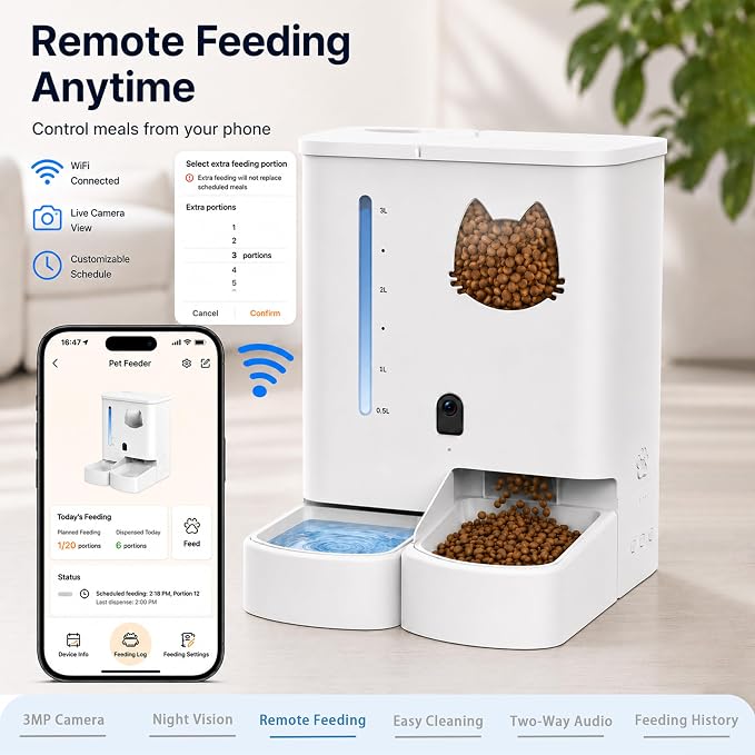 Waithem Automatic Cat&Dog Feeder and Waterer with Camera | 2K Video, Night Vision, 5L Food Capacity and 4L Water Station, 5G/2.4GHz Wi-Fi Control, 2 Weeks Capacity