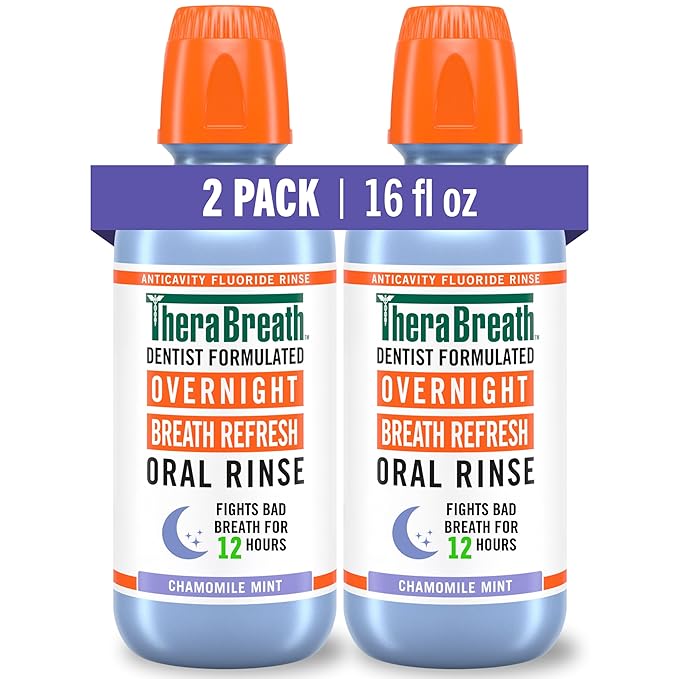 TheraBreath Overnight Mouthwash, Fights Bad Breath for 12 Hours, Chamomile Mint Flavor, Dentist Formulated, Fluoride Rinse, Alcohol Free, 16 fl oz (Pack of 2)