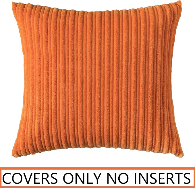 UGASA Fall Decorative Soft Velvet Stripe Pillow Cover 1 Pack Solid Corduroy Textured Euro Cushion Case for Couch Bedroom Sofa Farmhouse, 24x24 Inch, Orange