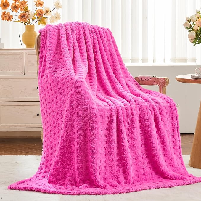 NEWCOSPLAY 3D Waffle Checkered Flannel Throw Blanket, Hot Pink, 50"x70" | Super Soft Cute Lightweight Decorative Premium Silky Fleece Blanket for Couch Sofa Bed, Gift for Women Men, All Season Use