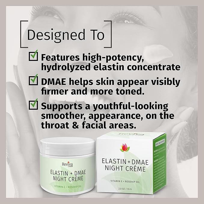 Reviva Labs Elastin and DMAE Cream – Firming Night Cream for Face, Neck, and Throat Area – Facial Moisturizer for Women, Tightening and Lifting Cream, 2 oz