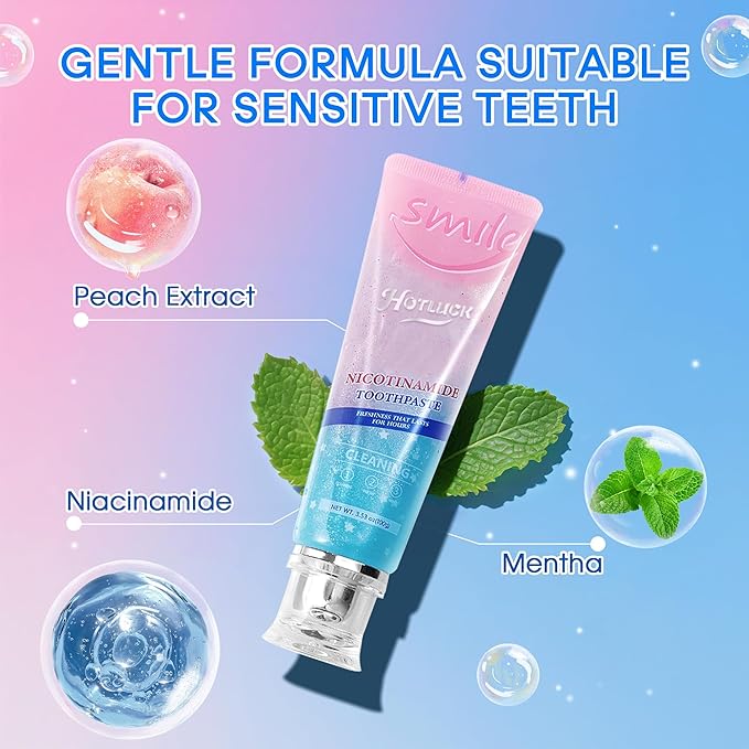 Hotluck Niacinamide Whitening Toothpaste - Brightening, Stain Removal, Freshening Breath - Deep Gentle Cleaning Tooth Paste, Boosting Gum Health, Mint & Peach 3.53oz (Pack of 2)