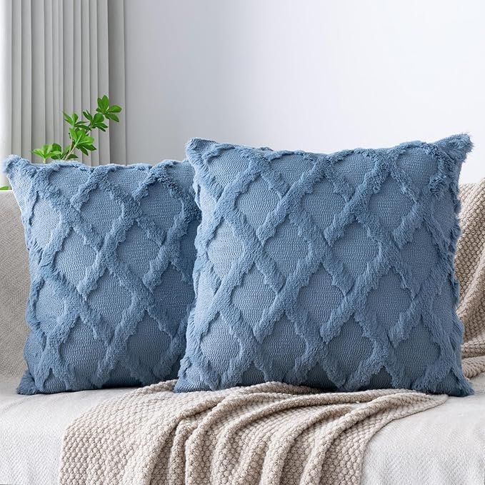 Set of 2 Soft Moroccan Throw Pillow Covers 18x18 Inch Plush Boho Decorative Pillow Cover Accent Cushion Case for Couch Sofa Bed, Grey Blue