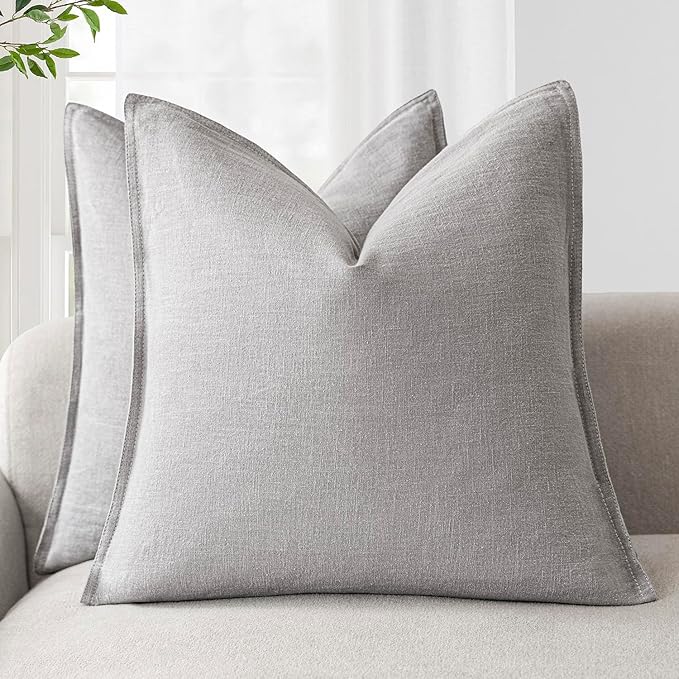 Foindtower Pack of 2, Decorative Linen Solid Throw Pillow Covers Soft Accent Cushion Case Boho Farmhouse Pillowcase for Chair Couch Sofa Bedroom Living Room Home Decor 16 x 16 Inch Light Rustic Gray