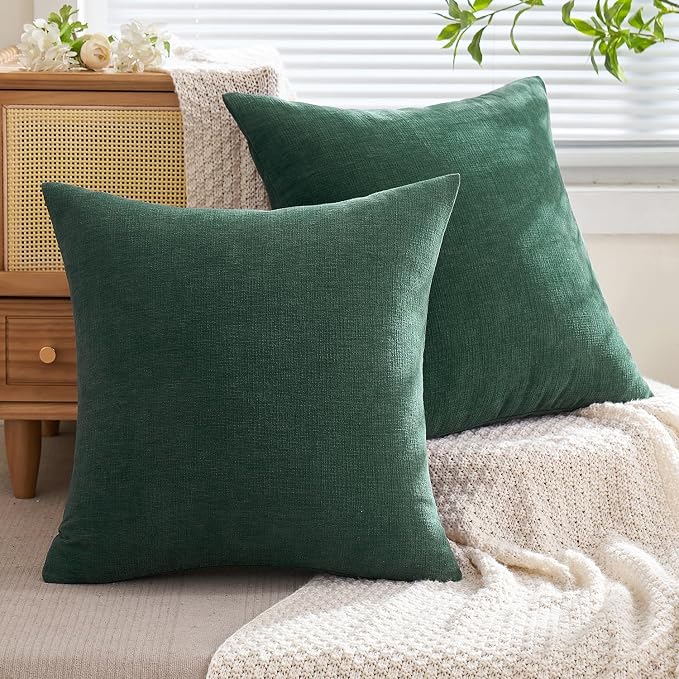 MIULEE Dark Green Chenille Couch Euro Throw Pillow Covers, 22x22 | Set of 2, Soft Modern Farmhouse Style, Decorative Pillowcases for Sofa Living Room Bed, Home Decor