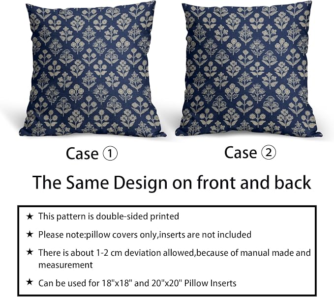 Dark Blue Floral Pillow Covers 22x22 Inch Set of 2, Vintage Flower Block Print Pattern Decorative Throw Pillowcases Outdoor Farmhouse Cushion Covers Spring Summer Rustic Sofa Couch Bed Decor