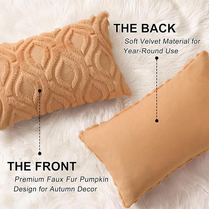 decorUhome Faux Fur Plush Light Orange Throw Pillow Covers 12x20 Set of 2 | Plush Solid Fall Couch Pillow Covers, Accent Modern Farmhouse Neutral Decorative Square Pillow Cases for Sofa Bed Living Room