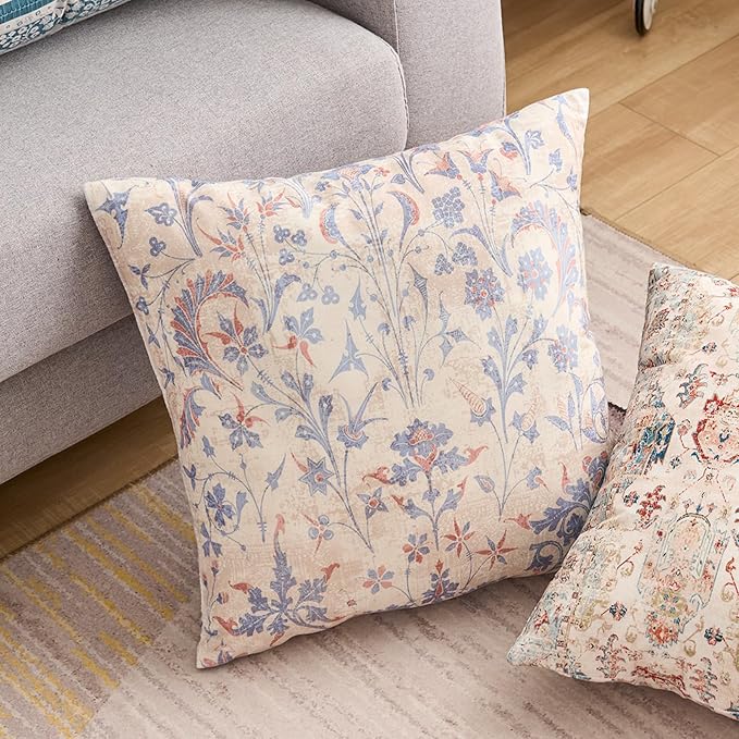 Boho Floral Throw Pillow Covers 20x20 inch Set of 2,Cream Boho Rug Geometric Floral Pattern Decor Double Sided Pattern Cushion Cover Soft Pillow Case Living Sofa Room Bed Square Pillow Cover