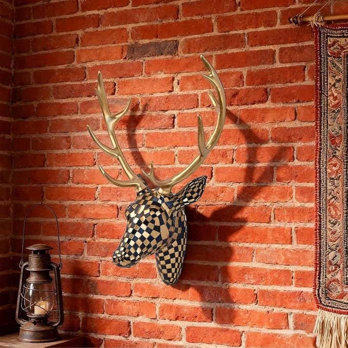 GIGICICI Mosaic Deer Head Wall Decor 15.7x8.7 Inch, Artistic Faux Resin Animal Head Wall Sculpture Hanging for Living Room Bedroom Kitchen Office, Black-Gold Gift