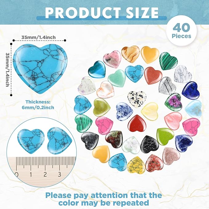 Nuenen 40 Pcs 1.4 Inch Heart Shaped Crystal Valentines Gift Worry Stone Bulk Heart Rock Tiny Trinkets Healing Crystal Gemstone Palm Pocket Love Carved Rock for Mom Women Meditation