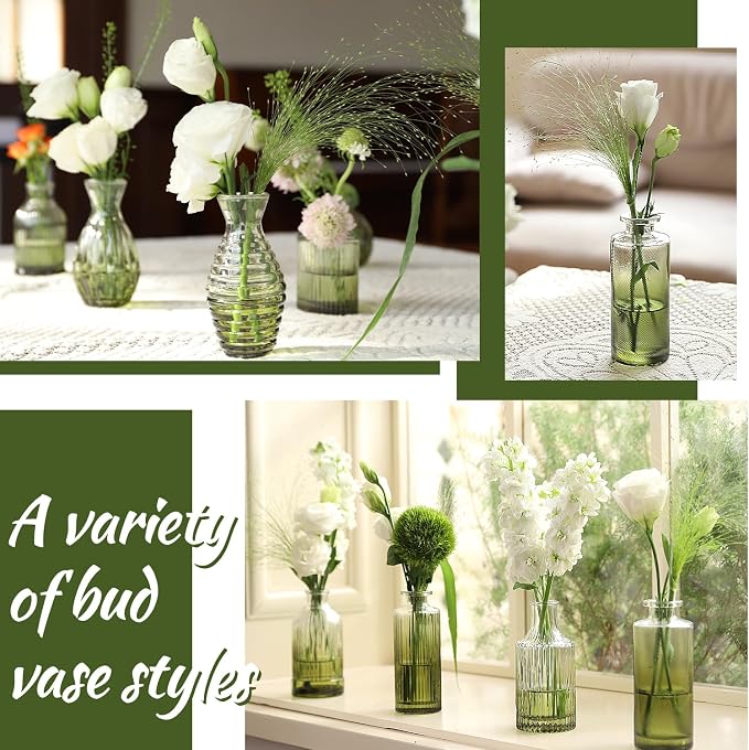 Green Bud Vases Set of 12, Small Green Glass Vase for Table Centerpieces | Ribbed Flower Vase Stripe Bud Vases in Bulk Wedding Birthday Bridal Shower Home Table Decoration