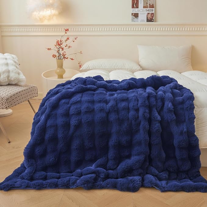 LIFEREVO Luxury Fluffy Faux Rabbit Fur Throw Blanket 50x60, Navy Blue | Plush Bubble Blanket for Bed Couch Sofa Office, Decorative Soft Cute Royal Furry Lap Throw for Kids Teens Adults, Washable