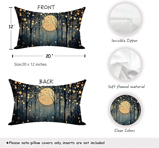 Vintage William Morris Inspired Gold Moon Pillow Covers 20x12 Set of 2,Rustic Black and Gold Forest Moon Botanical Nature Landscape Decorative Throw Pillow Covers for Home Bedroom Living Room