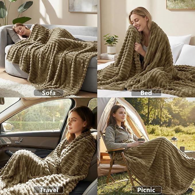 HIMEET Camel Oversized Throw Blanket, 300GSM Ribbed Fleece, 50 x 70 Inches | Ultra Soft Flannel, All-Season Lightweight Warmth, Extra Coverage for Couch Lounging, Home Room Decor, Machine Washable