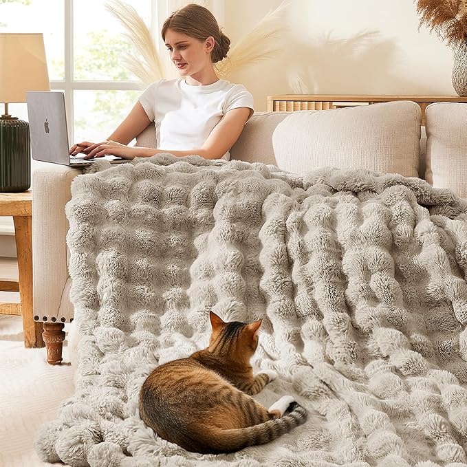 L'AGRATY Faux Rabbit Fur Throw Blanket for Couch, 90'' x 90'', Castle Grey | Soft Cozy Bubble Fluffy Blanket for Sofa Bed, Thick Warm Plush Fuzzy Throw for Room Home Decor, Luxury Gift for Women Mom