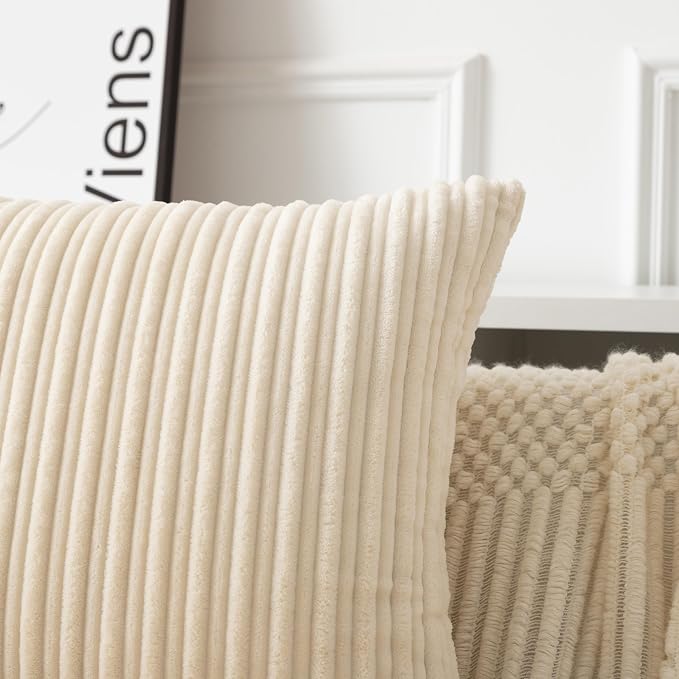 UGASA 14x24 Inch Pillow Cover Pack of 1 Soft Boho Stripe Corduroy Long Rectangular Lumbar Cushion Cover Farmhouse Decorative Throw Pillowcase for Bed, Couch, Sofa, Bedroom, Living Room, Cream