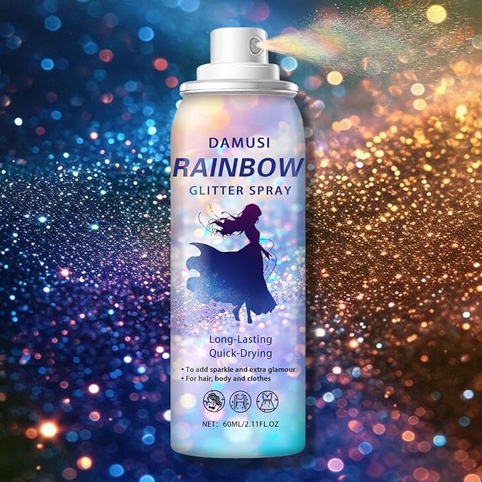 DAMUSI Gold Body Glitter Spray, Shiny Hair and Body Glitter Spray for Clothes, Holographic Glitter Hairspray Quick-Drying Long-Lasting Shimmer Highlighter Powder for Festival Concert Party Rave Prom