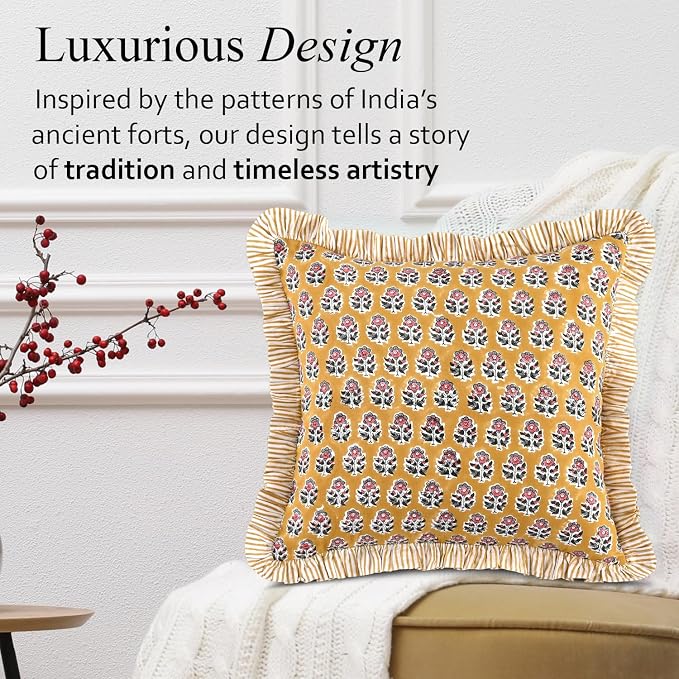 CPC Yellow Citrine Ruffle Throw Pillow Covers for Couch, 20x20 Inch Cotton Stripe Ruffle Couch Pillows for Living Room, Hidden 16 Inch Zipper Boho Pillow Case or Cute Outdoor Ruffle Pillows