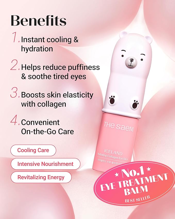 THESAEM Iceland Hydrating Collagen Eye Stick with Cute Bear Keyring Set - 6 Types Collagen Anti-Wrinkle Cooling Balm for Saggy Skin – Under Eye Treatment - Portable K-Beauty Charm, Rose Scent, 0.38oz