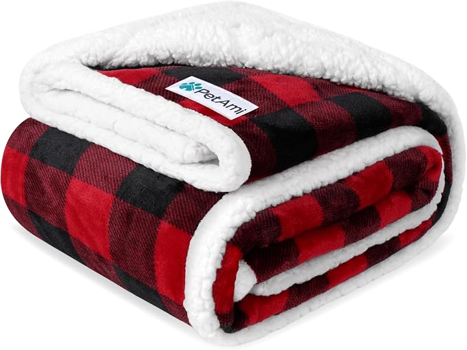 PetAmi Waterproof Dog Blanket for Small Dog Puppy Cat, 29x40, Black Red | 460 GSM Sherpa Fleece Reversible, Pee Proof Pet Blanket, Furniture Protector Cover for Couch Sofa Kennel, Washable