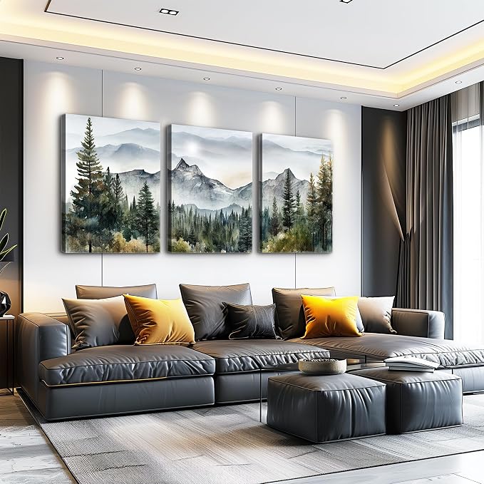 MHARTK66 3 Piece Framed Canvas Art Prints Wall Art for Living Room Modern Wall Decor for Bedroom Office Decor Abstract Mountain Forest Landscapes Ink Painting Ready to Hang Wall Pictures Home Decor