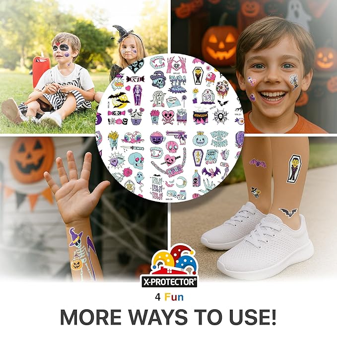 X-Protector Halloween Tattoos for Kids - Giant Pack of Temporary Tattoos - Fake Halloween Tattoos Gifts - Glow in the Dark Spooky Party Favors - Bulk Halloween Goody Bag Fillers!