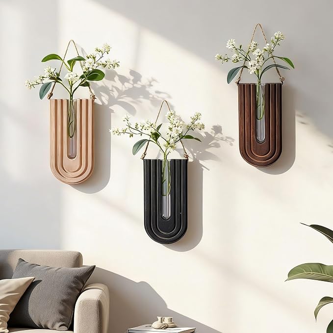 Wooden Wall Vase Set of 3, Propagation Vases Hanging Planters for Indoor Plants, Wall Mounted Vase Boho Modern Farmhouse Decor for Entryway Hallway