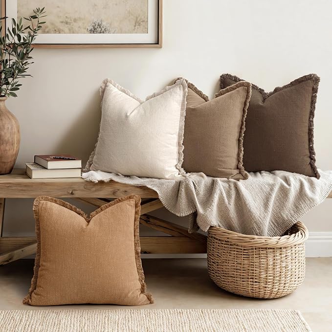 MIULEE Fall Linen Fringe Pillow Covers Set of 4 18x18 Neutral Brown | Boho Farmhouse Decorative Throw Pillow Covers, Neutral Soft Rustic Cushion Cases, for Couch Sofa Bed Living Room Home Decor