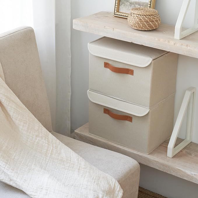 Decorative Linen Storage Boxes with Lids - Large Set of 2 Organizer Bins | The Perfect Container for Home Decor - Safely Store Photos, Documents and Memory Box Keepsakes in Style