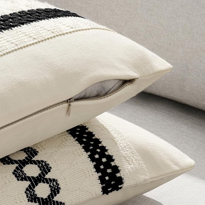 MIULEE Set of 2 Black Boho Decorative Lumbar Pillow Covers 12x20 Inch | Farmhouse Couch Throw Pillows, Modern Cotton Cushion Covers, Macrame Woven Spring Home Decor for Bed Sofa Chair