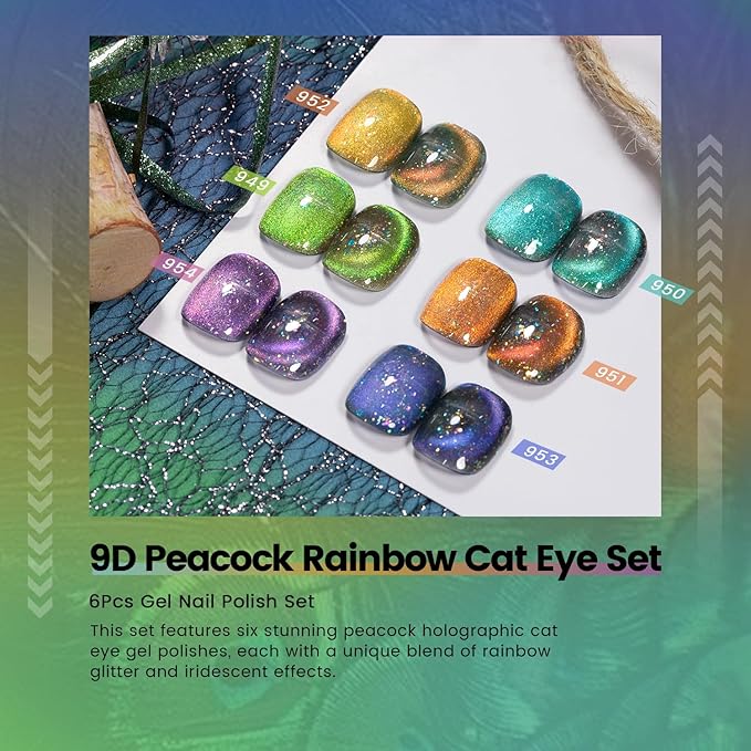 RARJSM Cat Eye Gel Nail Polish Set 6pcs 9D Rainbow Holographic Peacock Flakes Sparkle Cateye Glitter Green Blue Light Purple Orange Gel Polish with Magnetic Stick UV LED Curing Requires Soak Off