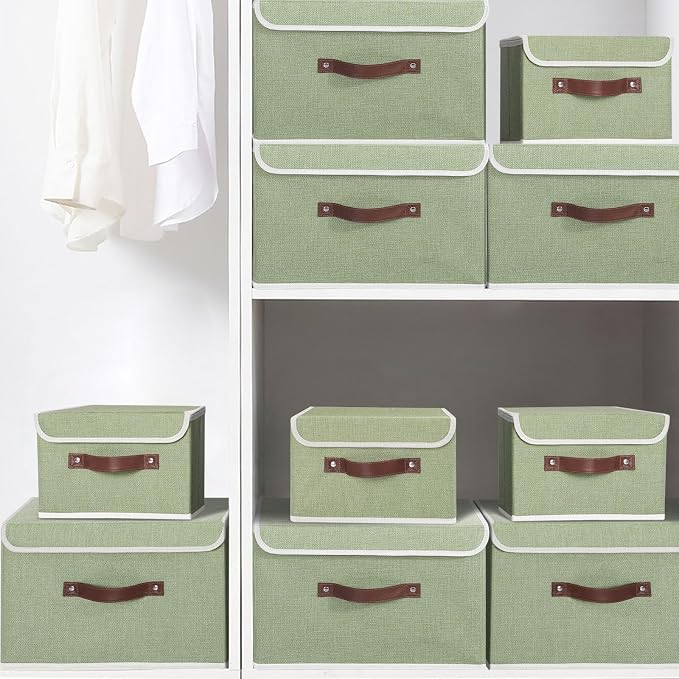 ANMINY Fabric Storage Box Bins with Lids, Green, 13"x9"x7.9", 2 Pack | Keepsake Memory Storage, Cotton Linen, PP Board Reinforced, Washable, PU Handles, Foldable & Stackable, Decorative, Medium