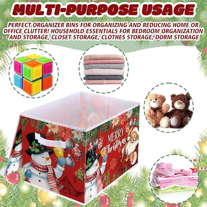 Briwooody Christmas Storage Bin with Lid and Carrying Handle Christmas Foldable Storage Box Large Xmas Decorative Collapsible Container Basket for Organizing Closet Home Bedroom Gift(Santa Claus)