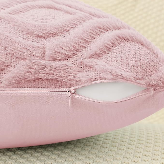 decorUhome Faux Fur Plush Light Pink Throw Pillow Covers 26x26 Set of 2 | Plush Solid Fall Couch Pillow Covers, Accent Modern Farmhouse Neutral Decorative Square Pillow Cases for Sofa Bed Living Room