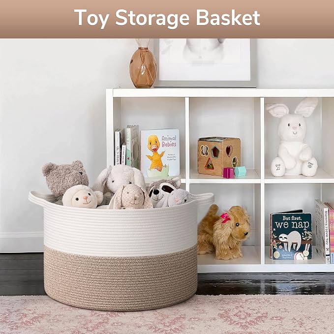 Goodpick 65L Large Woven Rope Basket for Blankets Living Room, 65L | 19.7 x 19.7 x 12.6 In Woven Basket for Storage, Kids Toy Storage for Playroom, Laundry Basket for Towels, Light Brown