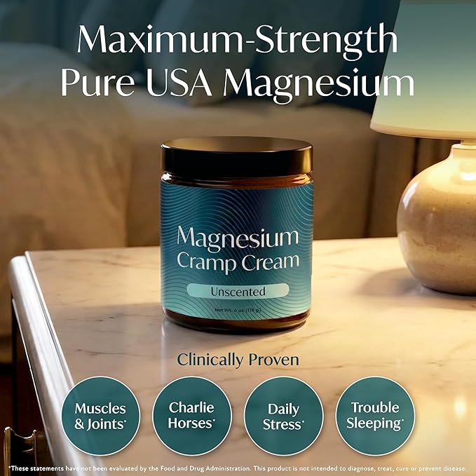 Magnesium Cream USA-Made Unscented Topical Magnesium Lotion for Feet Soreness, Muscle Balm Mag Oil Body Butter, Foot Cream for Feet, Rub for Muscle Soreness, 4oz