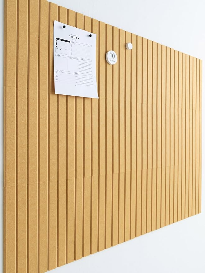Large Felt Bulletin Board 48 x 36 Inch - 12-Pack Square Acoustic Wall Panels, Cork Board Alternative, NRC 0.95, Damage-Free Adhesive, Slatted Design for Home, Classroom (Mustard)