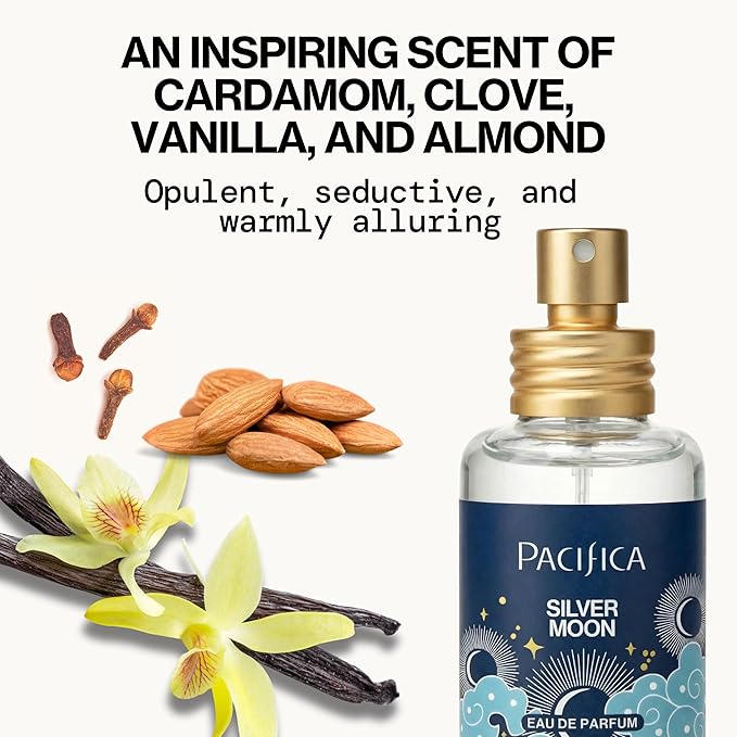 Pacifica Silver Moon Perfume 1oz – Long-Lasting Warm Vanilla & Almond Clean Fragrance for Women Vegan, Cruelty-Free, Essential Oils, Non Toxic