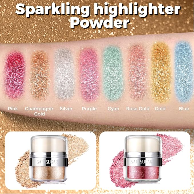 Body Shimmer Powder, 2PCS Body Glitter Powder with Sponge Head, 3D Contour & Long Lasting Luminous, Glow Highlighter Makeup for Face, Eyes, Hair, Perfect for Daily, Party (Pink/Champagne Gold)