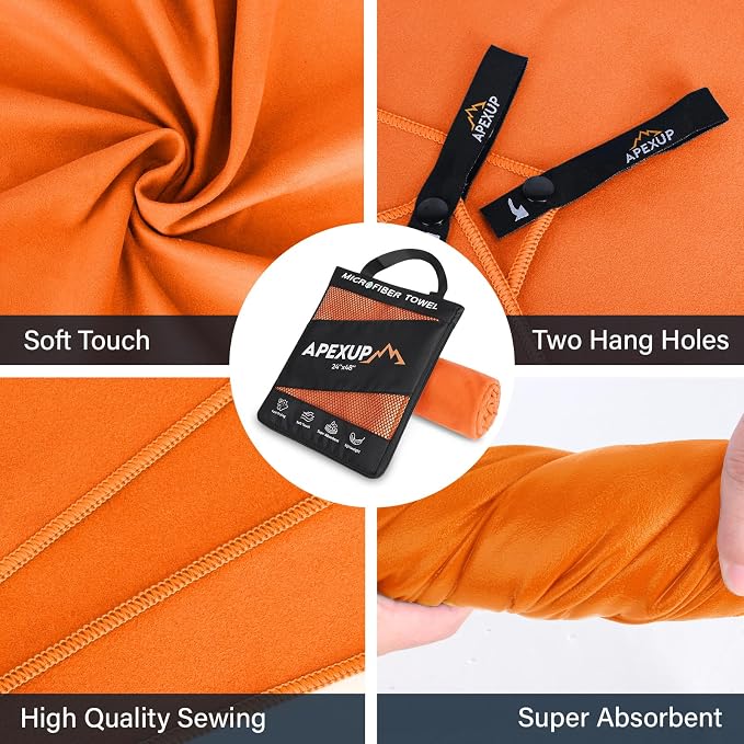 APEXUP Microfiber Travel Towel, Ultra Absorbent Quick Dry Towels, Lightweight Gym Sports Camping Towel for Workout, Yoga, Beach, Shower, Swimming (72"×40", Orange)