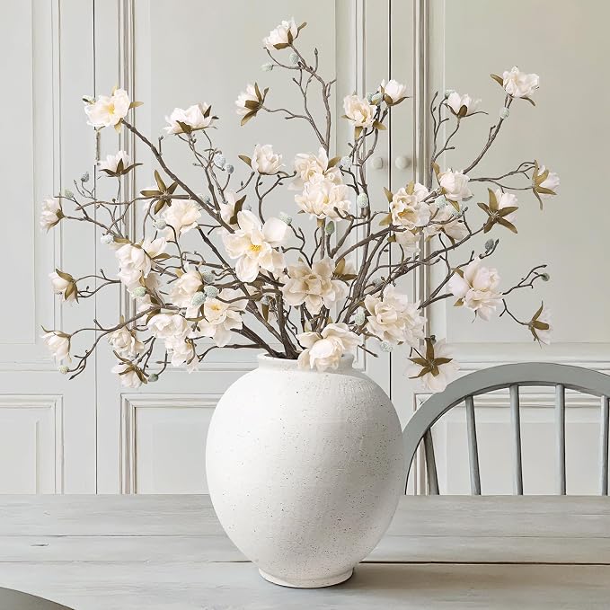 Starttag Large White Ceramic Vase, 9.8 inch Rustic Farmhouse Flowers Vase for Home Decor, Sandstone Texture Round Pottery Tall Vase Indoor for Table Living Room Decor