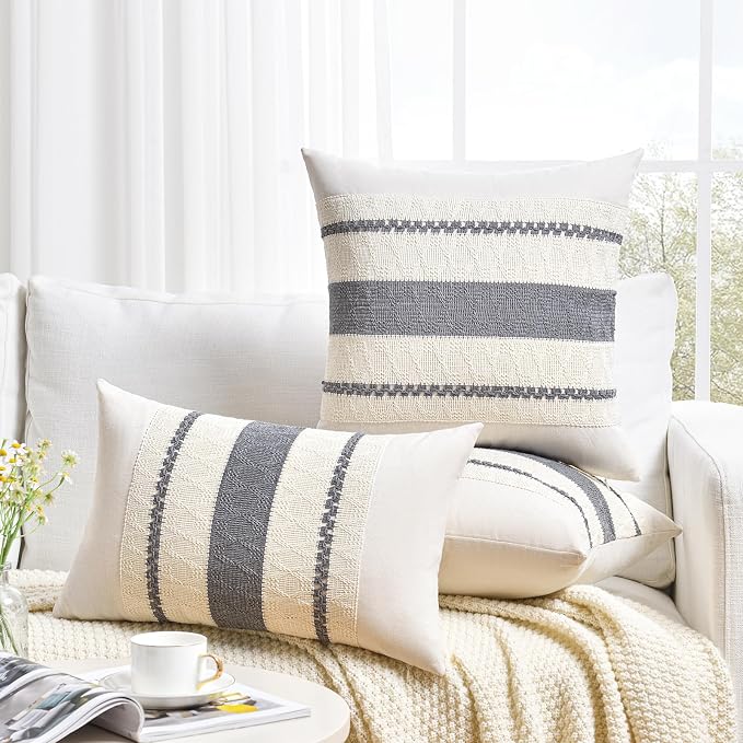 Fancy Homi Set of 1 Neutral Grey Farmhouse Decorative Throw Pillow Covers 22x22 Inch for Couch Bed Chair Indoors, Vintage Country Rustic Retro Room Decor, Soft Thick Cotton Handmade Woven Cushion Case